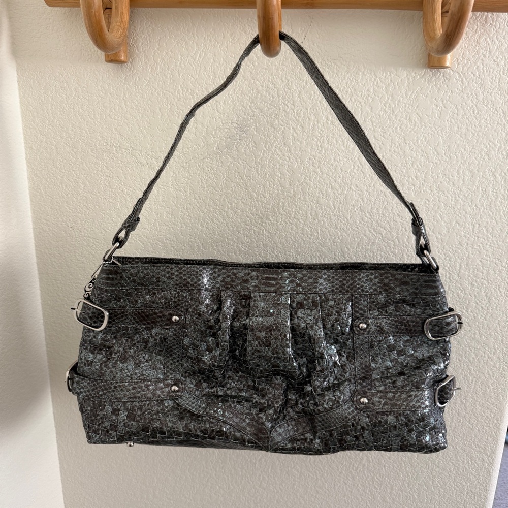 Vintage Lisanne Y2K snakeskin python east west shoulder bag gray buckles